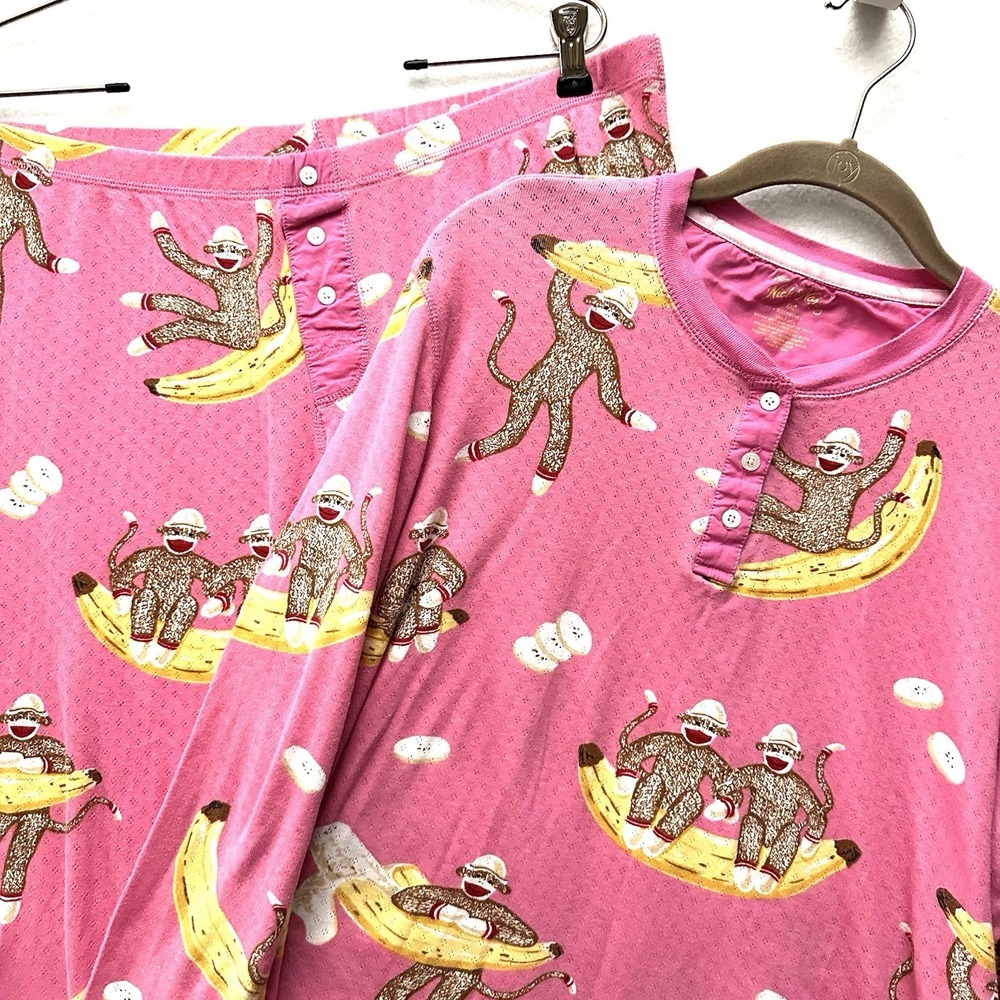 Nick and Nora Sock Monkey XXL Top Bottom Pajama Set Banana 100% Cotton